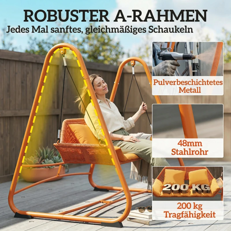 Outsunny Hollywoodschaukel, Gartenschaukel mit Kissen, Gestell, für Garten, Balkon, 174 x 120 x 162 cm, Metall, Terrakotta