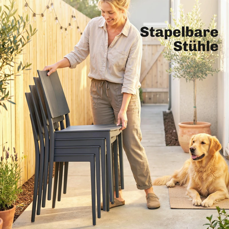 Outsunny Gartenmöbel Set Sitzgruppe 5-teilig Breiter Tisch mit 4 Stapelstühlen Lamelldesign für 4 Personen Dunkelgrau