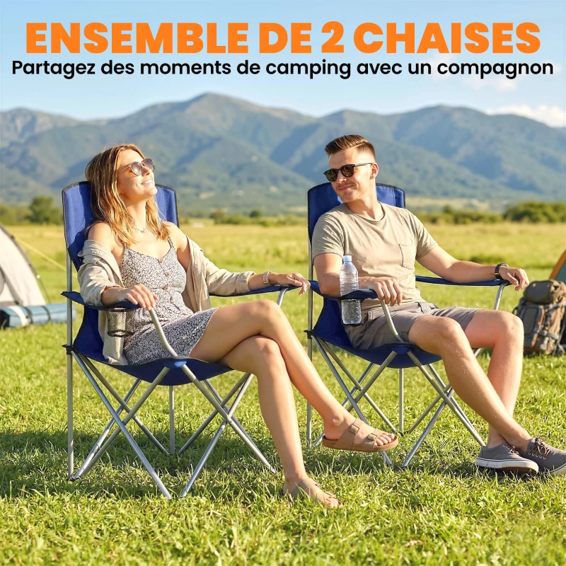 Outsunny Lot de 2 Chaises de Camping Pliantes avec Porte-Gobelet, Sac de Transport, Dossier Haut, 88x57x97cm, Bleu Foncé