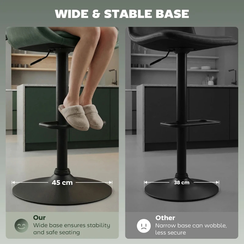 HOMCOM Retro Bar Stools Set of 2, Adjustable Kitchen Stool, Upholstered Bar Chairs with Back, Swivel Seat, Green