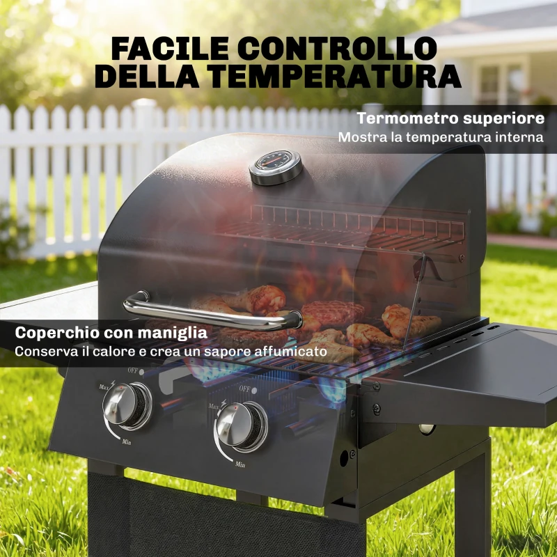 Outsunny Barbecue a Gas Propano con 2 Bruciatori, Portatile, Termometro, Nero