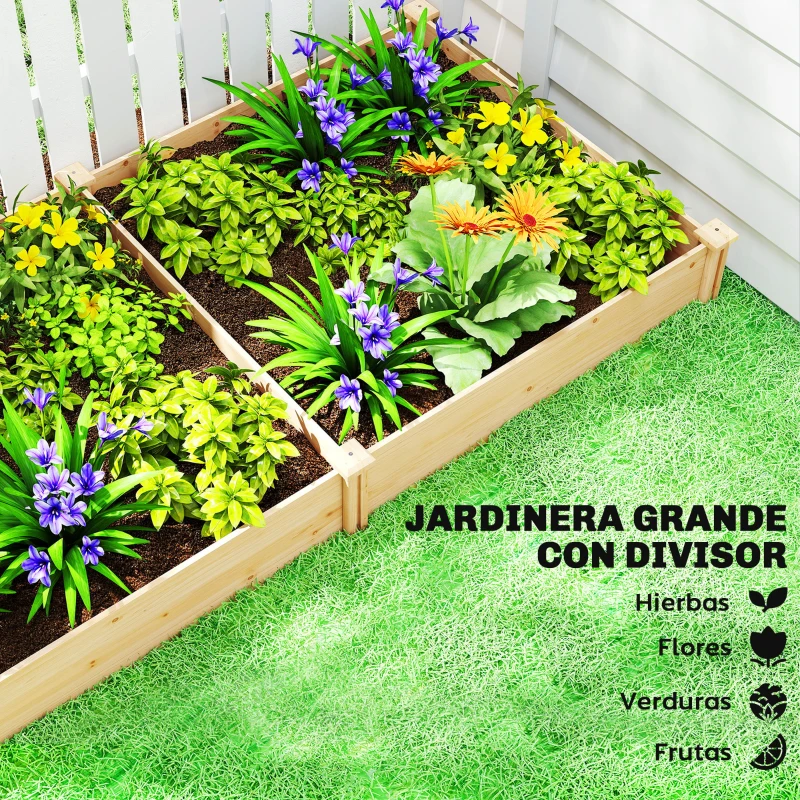 Outsunny Jardinera Elevada de Madera Huerto Urbano para Cultivar Plantas con Divisor y Base Abierta 235x121x26 cm Natural