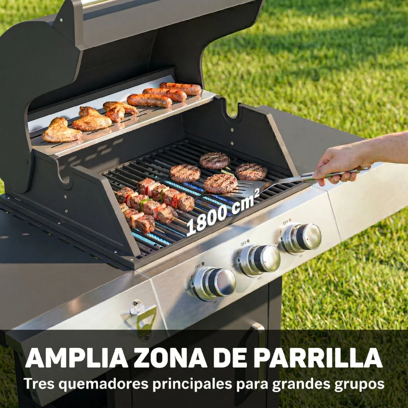 Outsunny Barbacoa de Gas con 3 Quemadores 8,1 kW Termómetro Parrillas Mesas Laterales Armario y Ruedas 109x50x109 cm Negro