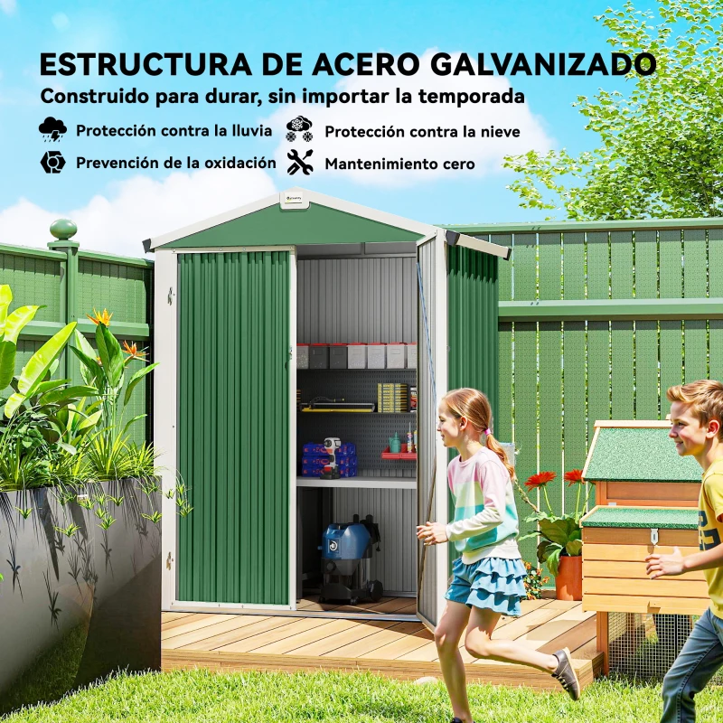 Outsunny Cobertizo de Jardín Exterior 1,1 m² 133x87x178 cm con 2 Puertas Abatibles Techo a Dos Aguas y Guantes Verde