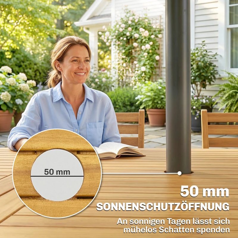 Outsunny Gartenmöbel Set FSC Holz Sitzgruppe 7-teilig Klappbar Tisch mit 6 Klappstühlen Schirmloch Lamellendesign