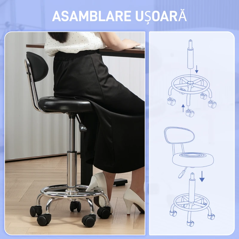 HOMCOM Scaun Rotativ Reglabil la 360°, Scaun Estetician cu Spătar, Roți și Suport pentru Picioare, din Oțel, Piele Sintetică, 32x40x70-86 cm, Negru