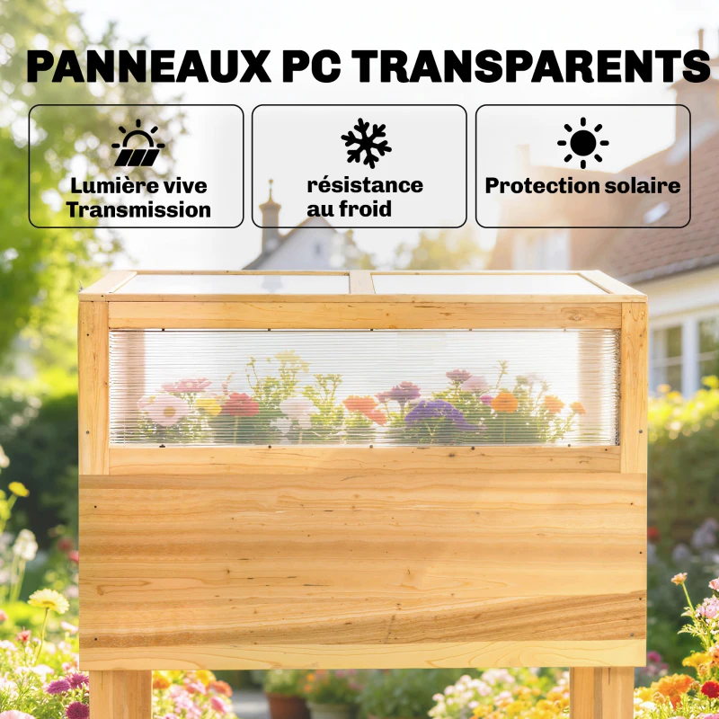 Outsunny Carré Potager sur Pieds avec Serre en Bois avec Couvercle Relevable, Étagère de Rangement, 80x45x108,5cm, Naturel