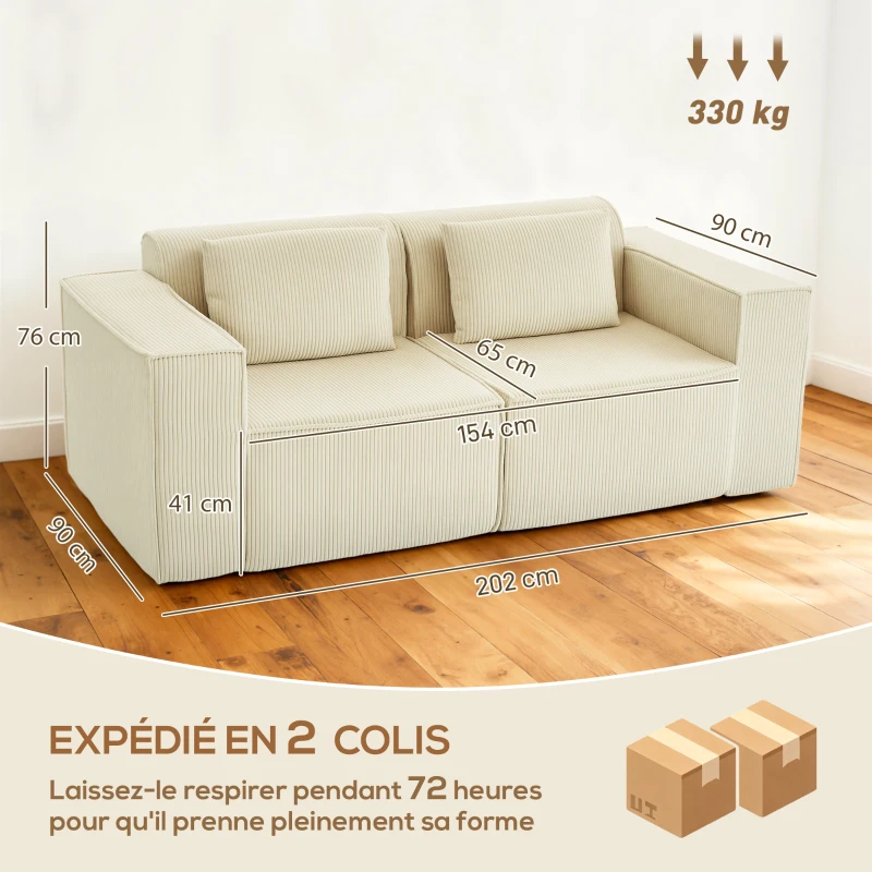 HOMCOM Canapé 3 places en velours côtelé, canapé rembourré, larges accoudoirs, 2 coussins, pas de montage, 202x90x76cm, beige