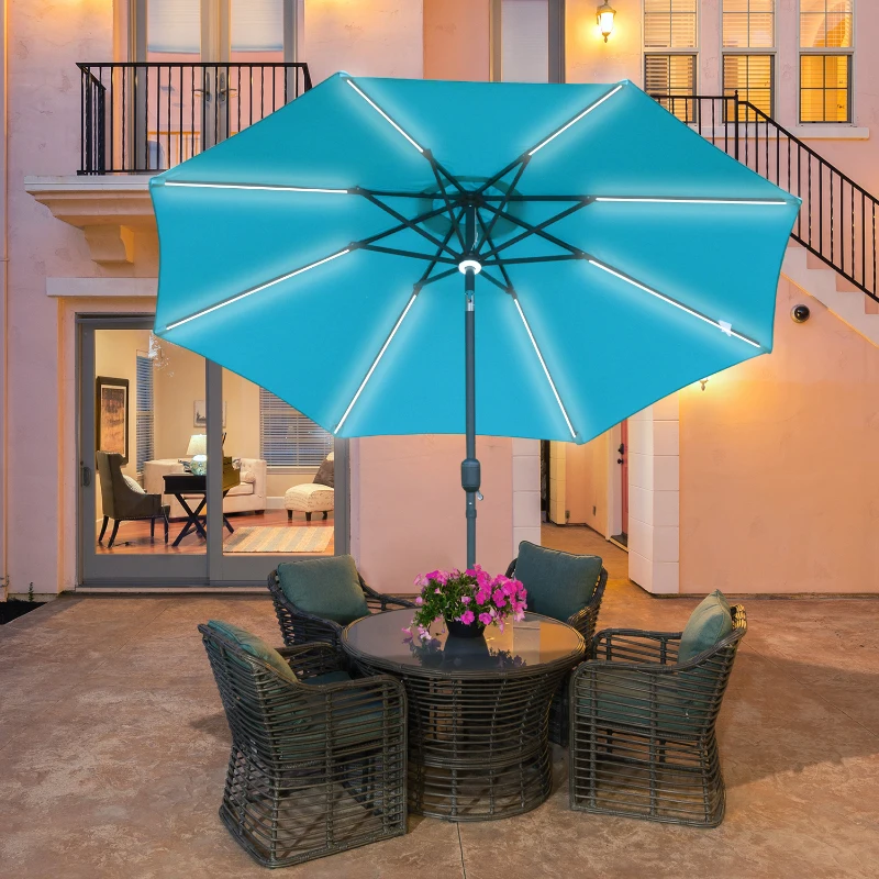 Outsunny Parasol lumineux octogonal inclinable dim. Ø 2,7 x 2,45H m parasol LED solaire métal polyester haute densité bleu turquoise