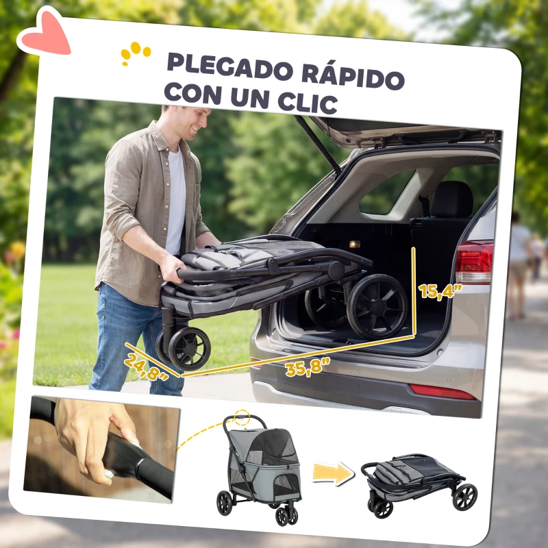 PawHut Carrito para Perros Plegable con 3 Ruedas Ventanas de Malla Cojín Lavable Todo Terreno Carga 20 kg 92x63x95 cm Gris