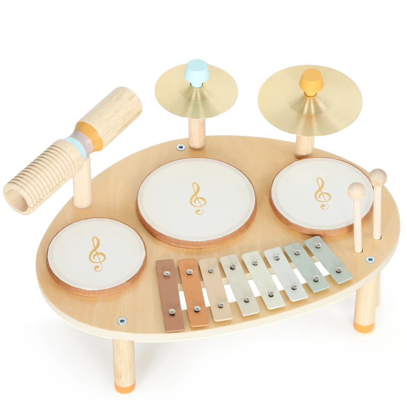 AIYAPLAY Baby Drum Kit, Wooden Kids Musical Instruments with Drums and Xylophone, Gifts for Girls Boys Birthday, Natural