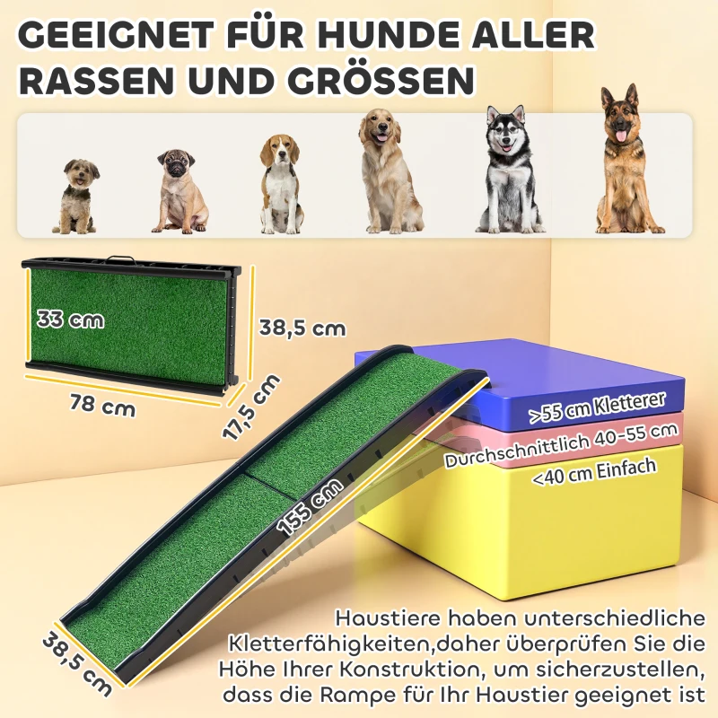 PawHut Hunderampe klappbar Hundetreppe rutschfest Einstiegshilfe für Kofferraum, für Tiere bis 90 kg 155x38,5x15,5 cm Schwarz