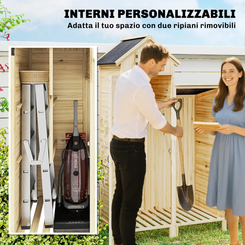 Outsunny Capanno per Attrezzi a 2 Zone con Ripiani Regolabili e Finestra, in Legno di Abete, 106x57x167 cm, Color Legno