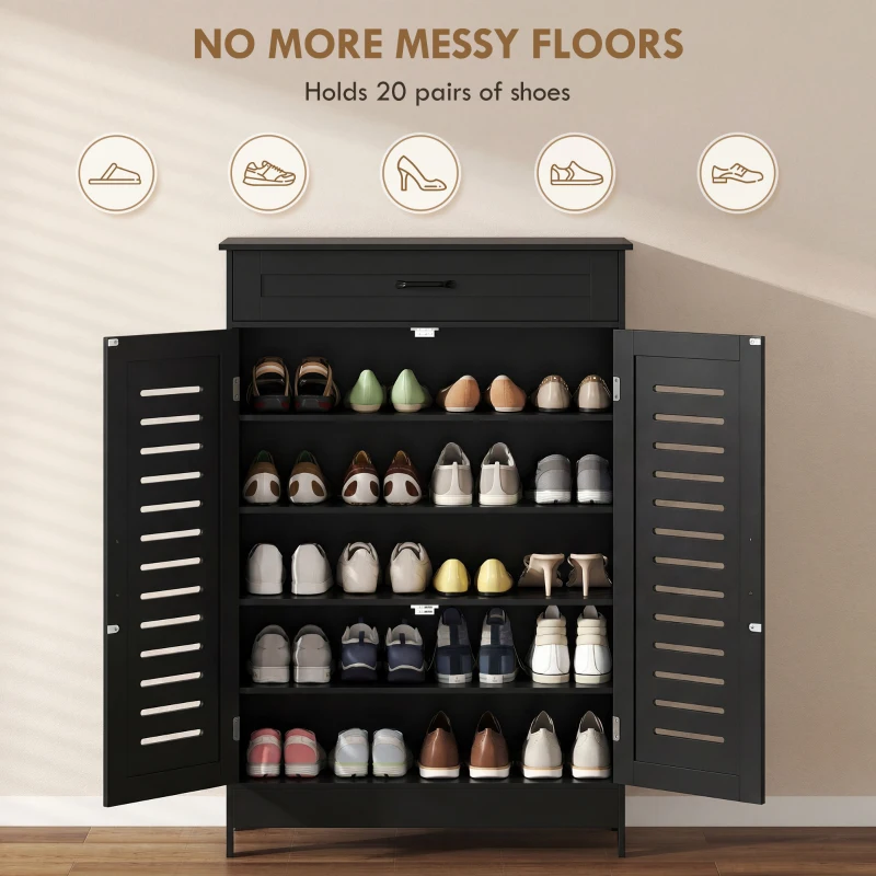 HOMCOM Shoe Cabinet with Louvered Doors, Modern Shoe Storage Cabinet with Drawer and Adjustable Shelves, Black