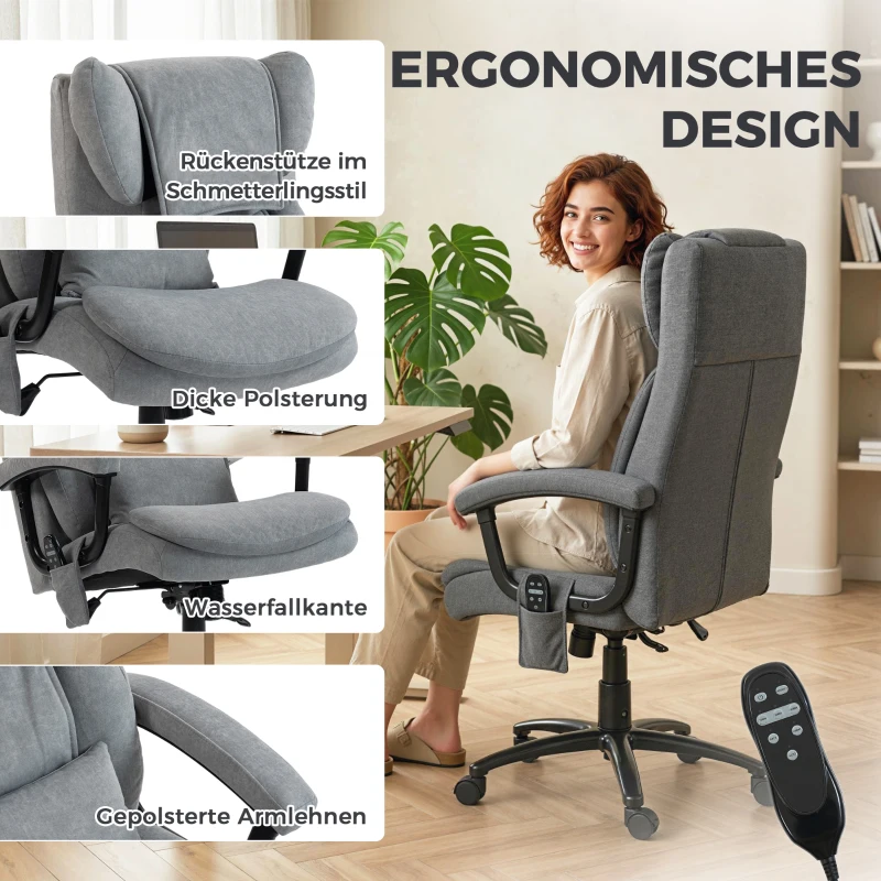HOMCOM Ergonomischer Massage-Bürostuhl mit 4 Knetpunkten, Chefsessel mit hoher Butterfly-Rückenlehne, breitem Sitz, Grau