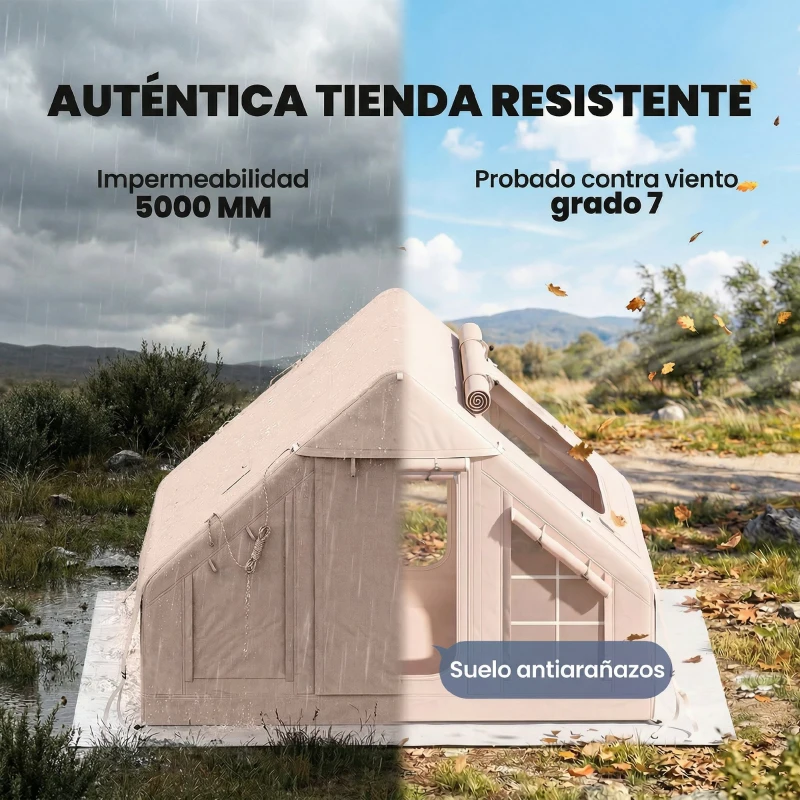 Outsunny Tienda de Campaña Inflable con Apertura de Chimenea y Claraboya Bomba Bolsa UPF30+ para 4 Estaciones Impermeable 5000+