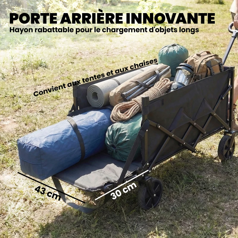 Outsunny Chariot de Transport Pliable 60L, Porte Arrière Rabattable, Roues Amovibles, Poignée Réglable, 71x45x86cm, Noir