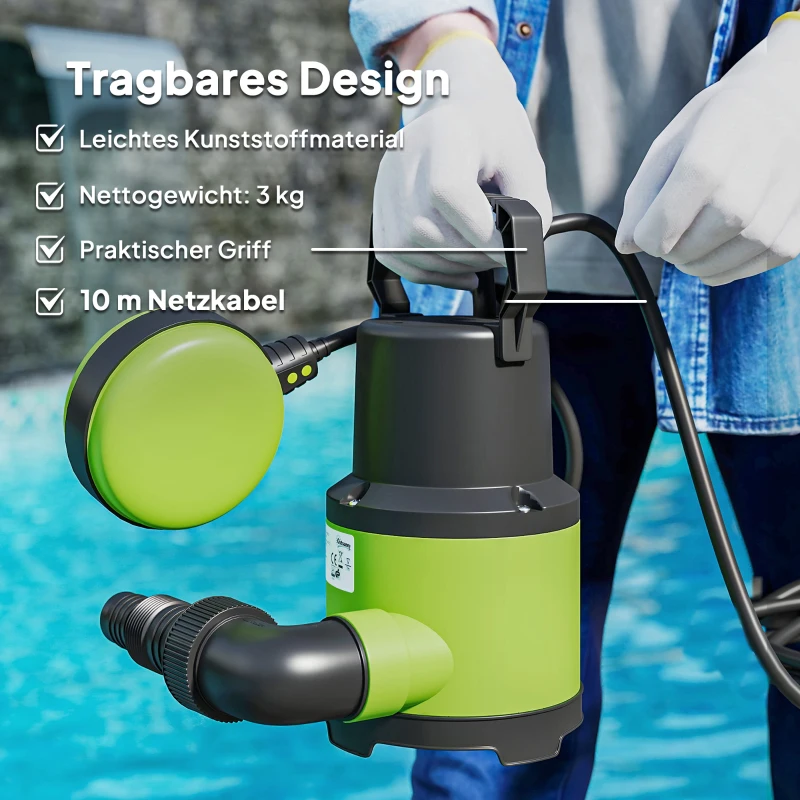 Outsunny Tauchpumpe Teichpumpe Wasserpumpe mit Schwimmschalter Springbrunnen 400W 9000L/h 16 x 14 x 27 cm Grün