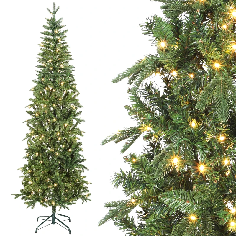 HOMCOM Sapin de Noël artificiel 210 cm, arbre de Noël slim avec 300 lumières 8 modes d'éclairage 826 branches articulées, vert