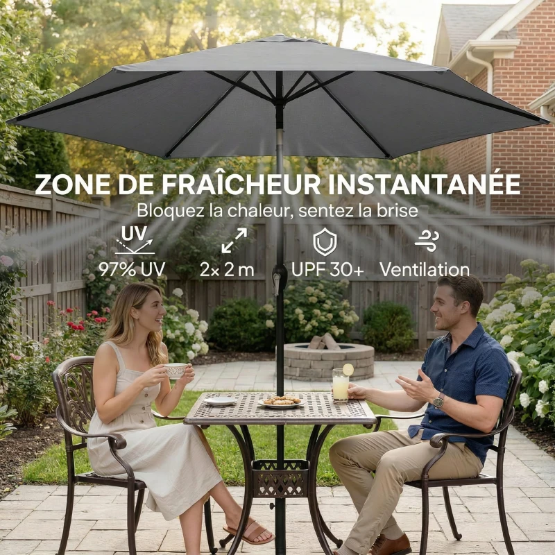 Outsunny Parasol de Jardin Extérieur Rond 2m, Inclinable à 30°, Manivelle, Mât en Aluminium, Toile 180 g/m², Anti-UV, Gris Foncé