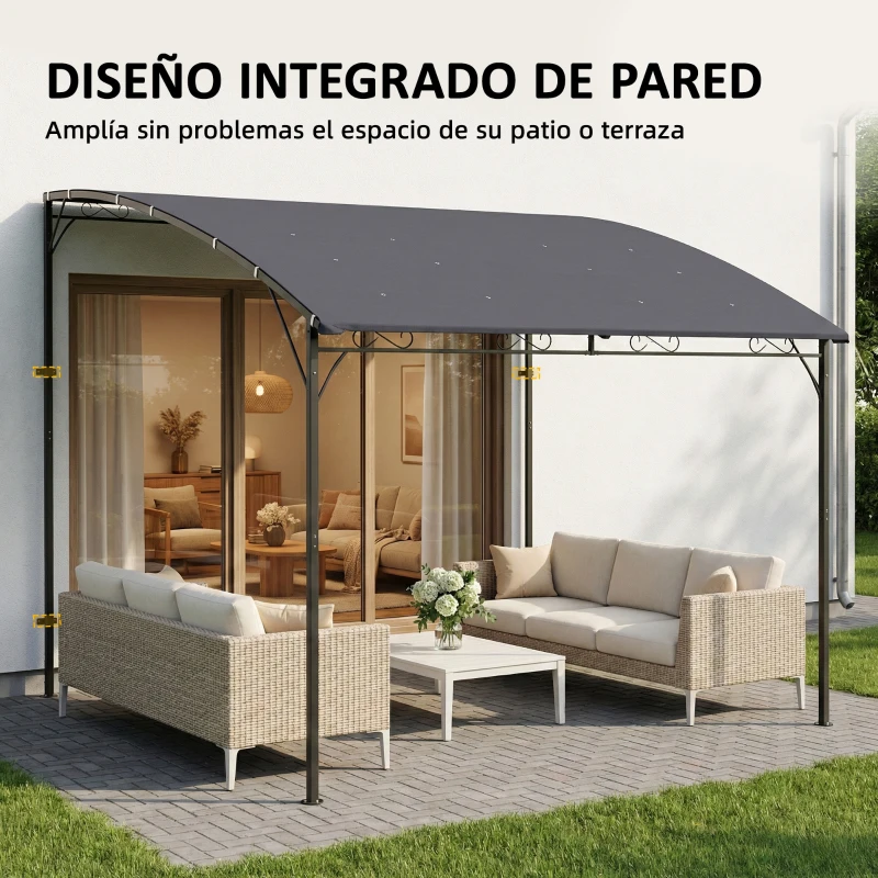 Outsunny Pérgola de Pared 2,8x3,8 m con Techo Inclinado Orificios de Drenaje y Estructura Metálica Gris