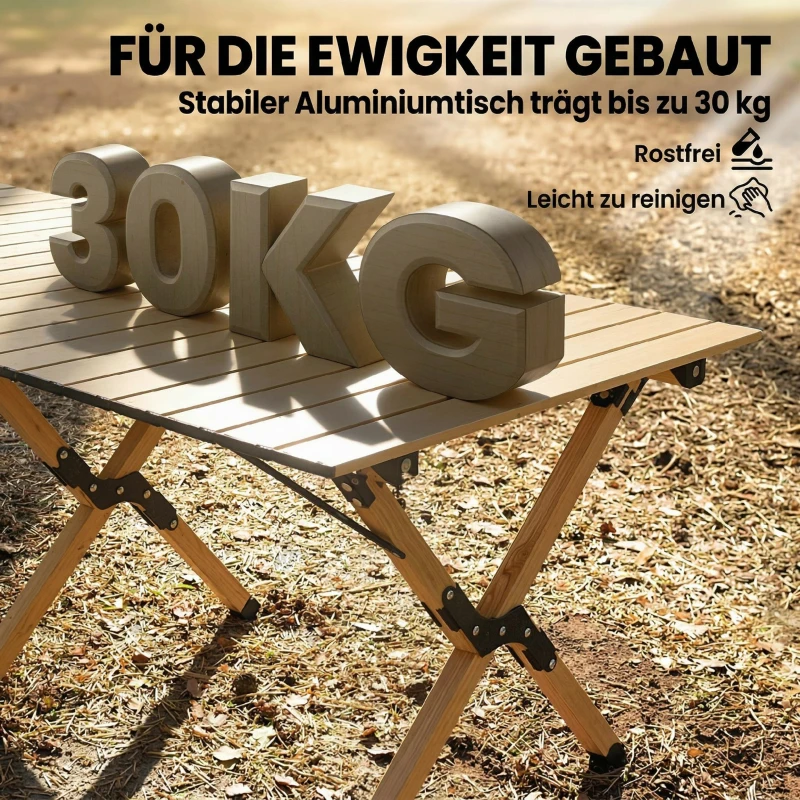 Outsunny Campingtisch 117 x 60 cm Aluminium Klapptisch mit Aufrollbare Tischplatte Holz-Optik Tragetasche wasserdicht
