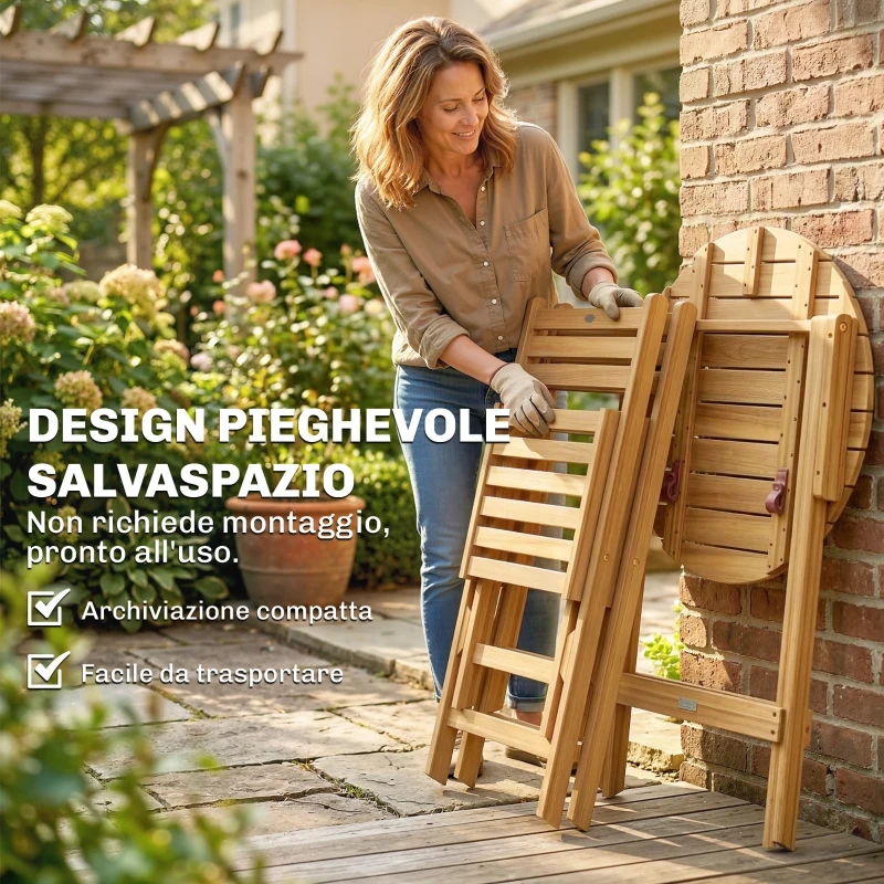 Outsunny Set Bistrò Esterno: 2 sedie pieghevoli e tavolo rotondo, legno naturale.