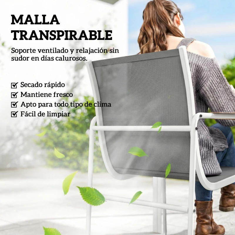 Outsunny Conjunto de Mesa y Sillas Jardín con Mesa de Vidrio Templado y 6 Sillas Transpirables para Terraza Patio Blanco y Gris