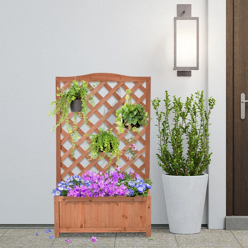 Outsunny Jardinière avec treillis, bac à fleurs, lit surélevé, pour plantes grimpantes, légumes, fleurs, en bois massif, intérieur et extérieur, cour, jardin, balcon, 70 x 28 x 117 cm, marron