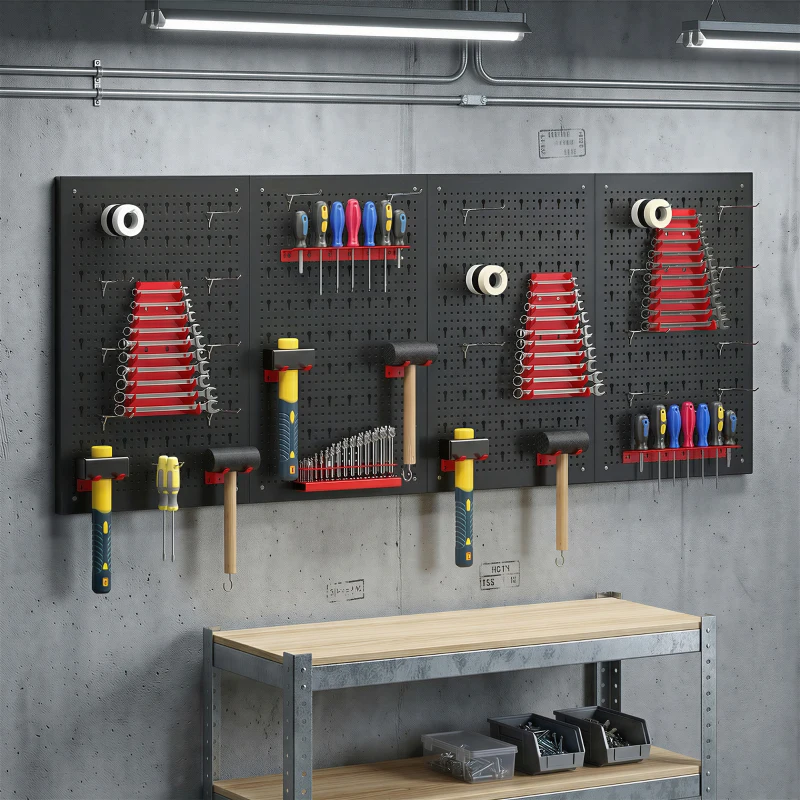 HOMCOM Lagersystem Wandregal 60 x 40 cm, 38 stck. Schüttenregal mit Haken Ablageböden Sichtlagerkästen, Schwarz+Rot