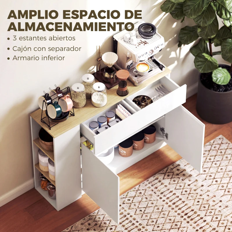 HOMCOM Aparador Armario de Cocina con 2 Puertas Cajón y 3 Estantes Abiertos para Salón Comedor 110x29,5x82 cm Blanco