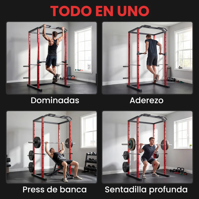 SPORTNOW Jaula de Potencia Rack de Sentadillas con Barra Dominadas Estación de Fondos Ajustable para Casa Gimnasio Carga 460 kg