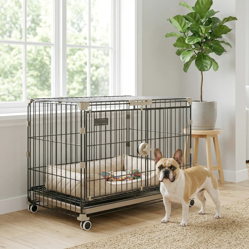 PawHut Cage pour Chien Pliable, Plateau Amovible, Roues avec Freins, Toit Ouvrant, Porte de Nourrissage, 60,5x45,5x54,5cm, Noir