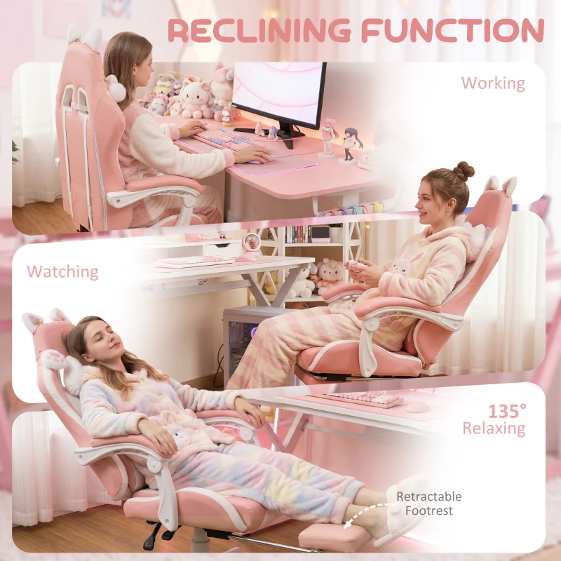 HOMCOM Cat Ear and Paw Reclining Office Chair, with Footrest - Pink/White