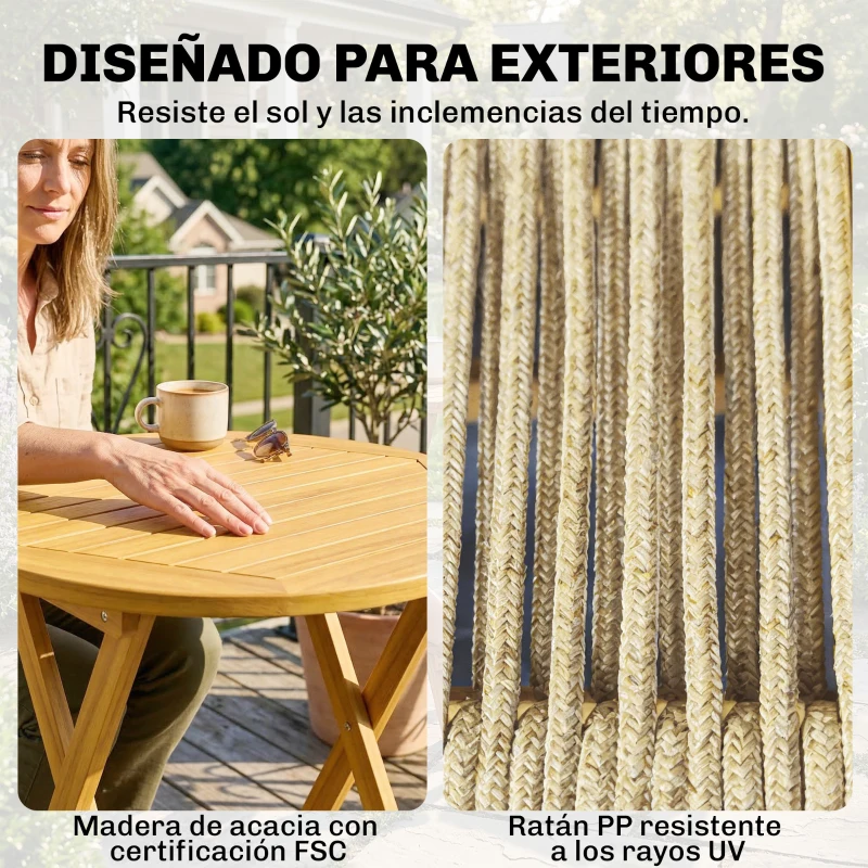 Outsunny Conjunto de Jardín de 3 Piezas de Madera con 2 Sillas Plegables y Mesa Redonda para Patio Balcón Natural
