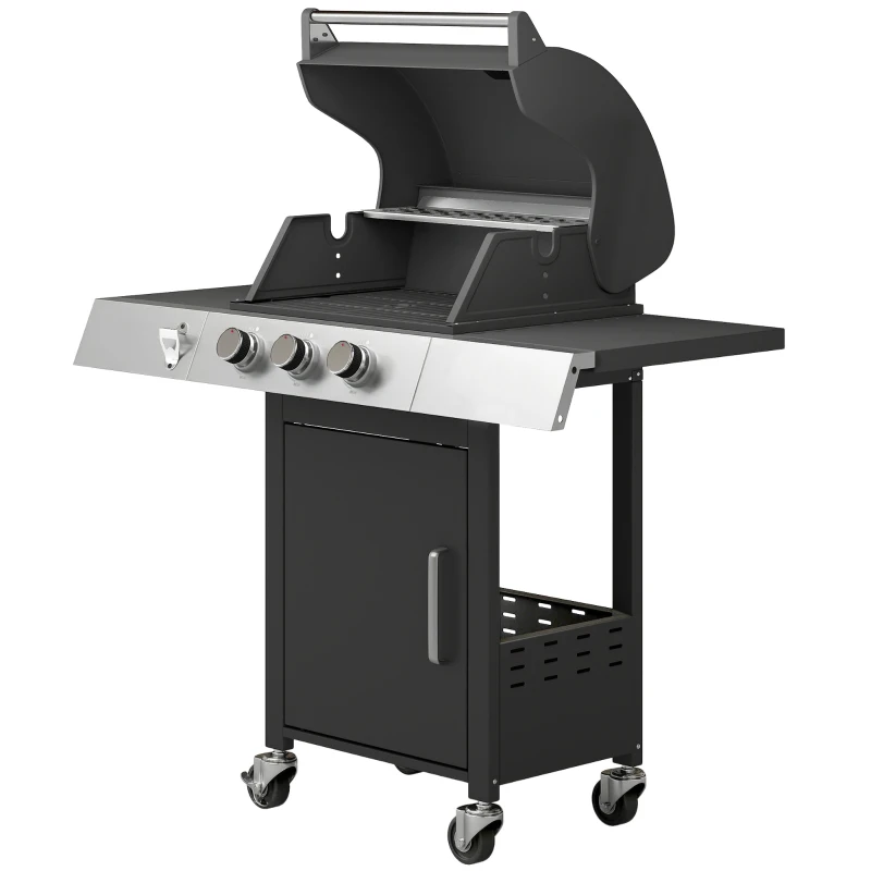 Outsunny Barbacoa de Gas con 3 Quemadores 8,1 kW Termómetro Parrillas Mesas Laterales Armario y Ruedas 109x50x109 cm Negro