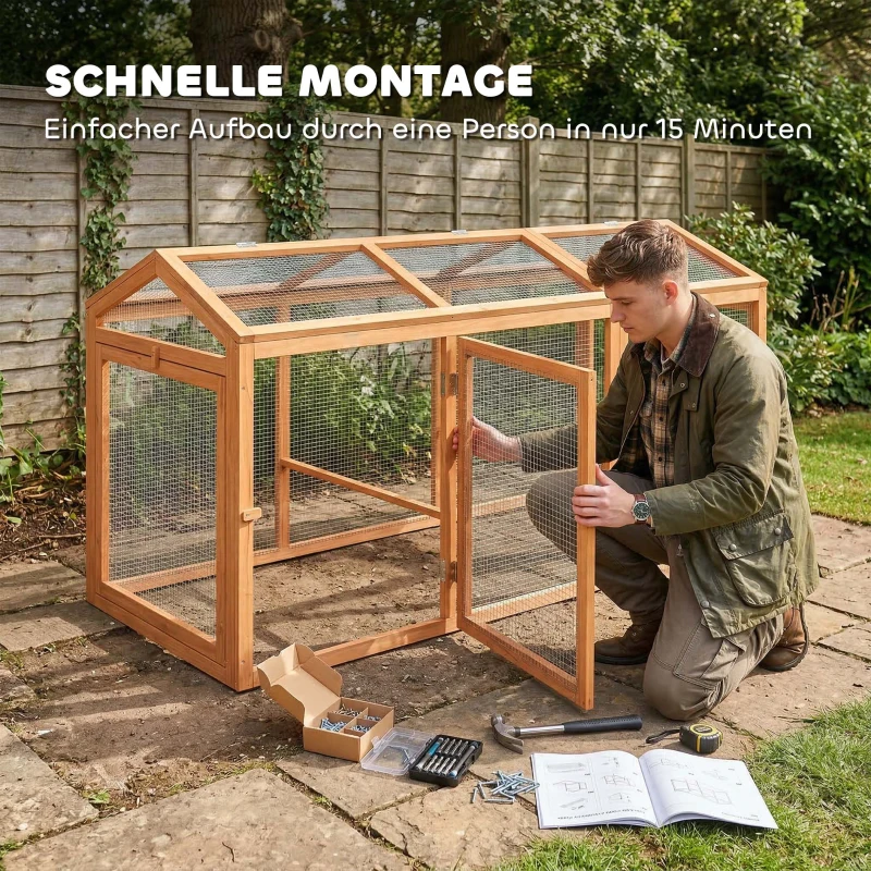 PawHut Hühnerstall Freilaufgehege mit Sitzstange Doppeltüren, aus Holz und Metall, für 4 Hühner, 156 x 70,5 x 84 cm Orange