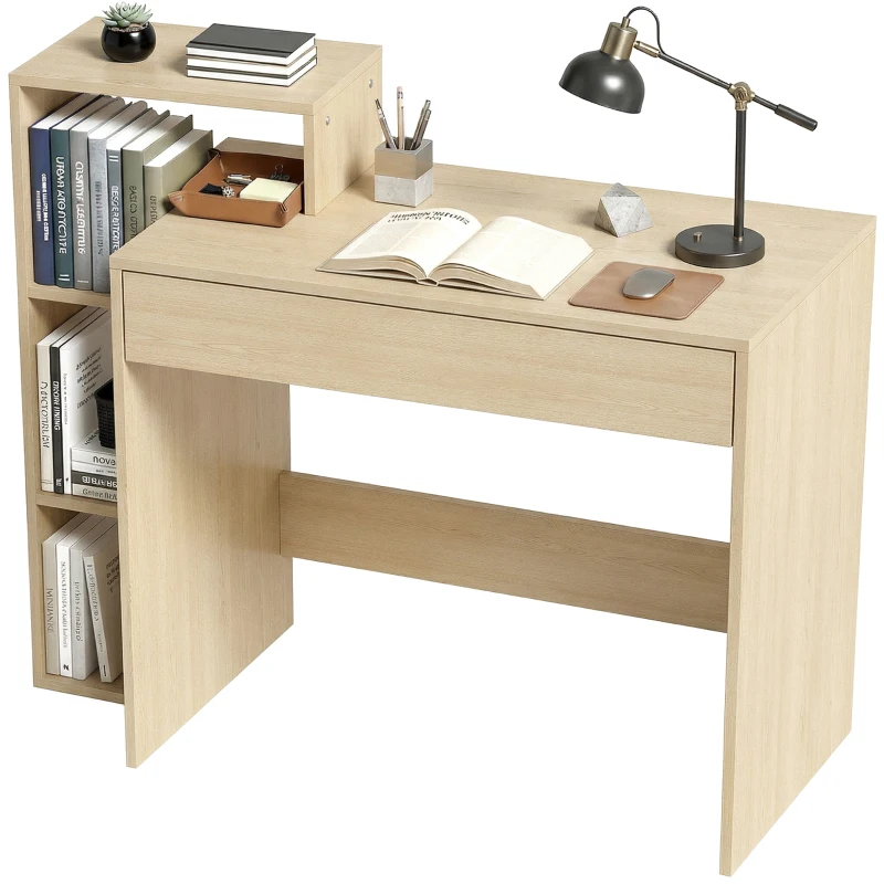 HOMCOM Escritorio con almacenamiento, escritorio de ordenador con 3 estantes y cajón, 100 x 40 x 90 cm, madera natural