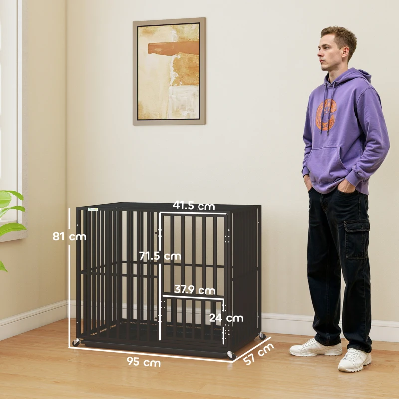 PawHut Heavy Duty Dog Crate, Dog Cage with Wheels for Small Medium Breeds, Metal Pet Kennel with Removable Tray