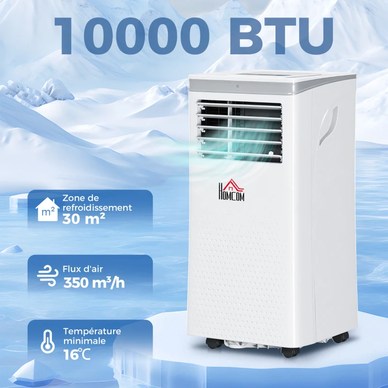 HOMCOM Climatiseur mobile 10000BTU, climatiseur portable 4 en 1 refroidissement déshumidificateur ventilateur mode nuit, blanc