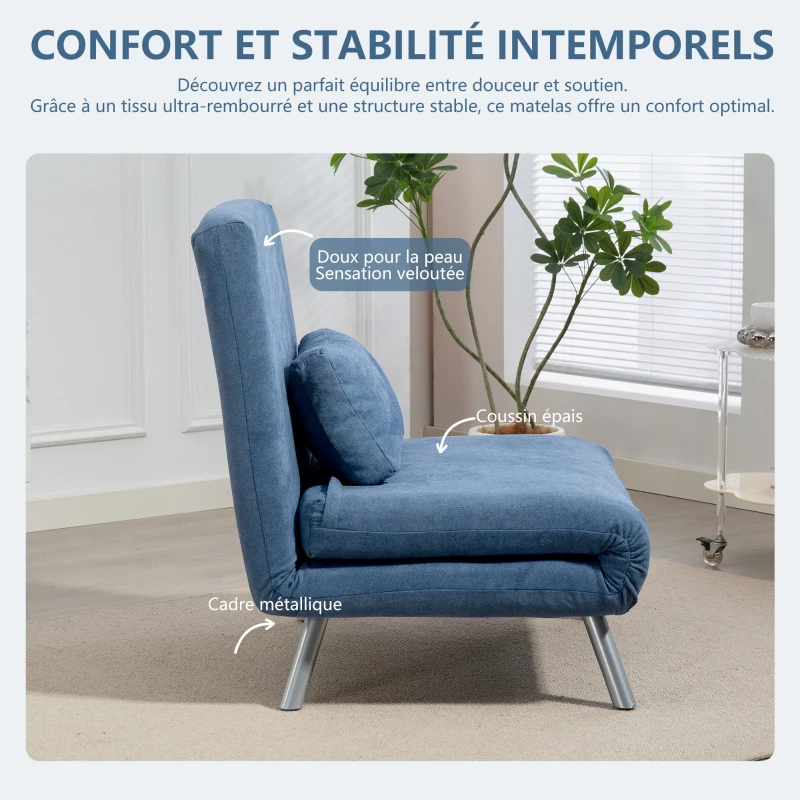 HOMCOM Fauteuil convertible 1 place, fauteuil-lit clic-clac 3 en 1 avec dossier réglable, oreiller, assise large, bleu