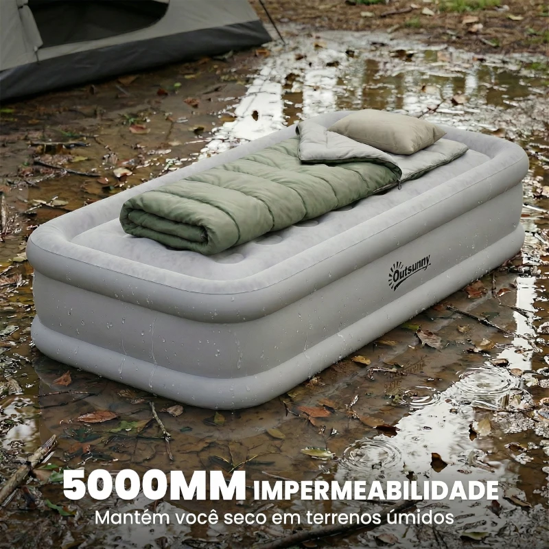 Outsunny Colchão Insuflável Individual Dobrável com Bomba, Enchimento em 3 Minutos, Esvaziamento em 2 Minutos, Bolsa, Suporta até 200 kg, 190x97x39 cm, Cinzento