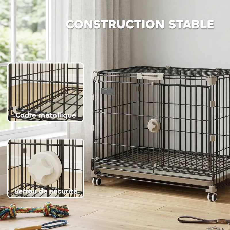 PawHut Cage pour Chien Pliable, Plateau Amovible, Roues avec Freins, Toit Ouvrant, Porte de Nourrissage, 60,5x45,5x54,5cm, Noir