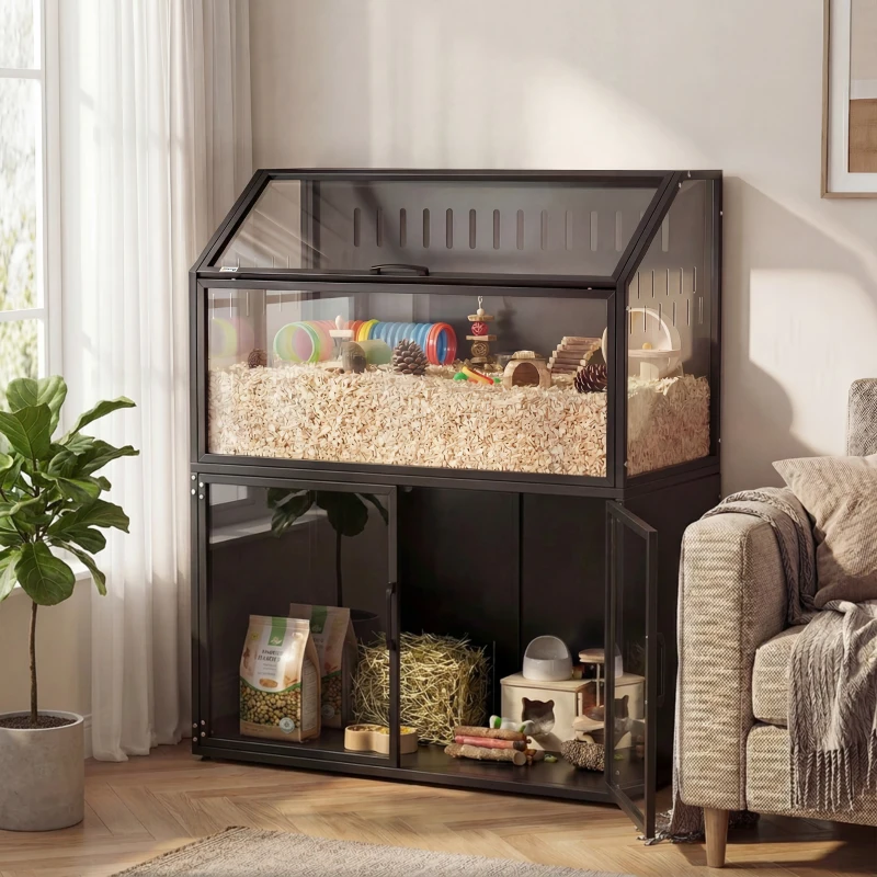 PawHut Cage Hamster 2-en-1 avec Armoire de Rangement pour Rongeur Hamster Syrien et Souris Acier et Acrylique Noir