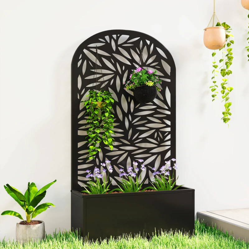 Outsunny Jardinera con Pantalla de Privacidad Curva de Hojas de Metal y Opción de Montaje en Pared 61x23x113 cm Negro