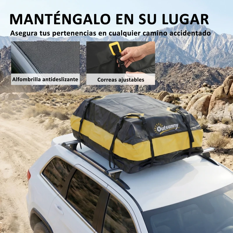 Outsunny Bolsa de Techo para Coche 425L Impermeable con 8 Correas Alfombrilla Antideslizante Ganchos para Vehículos Amarillo