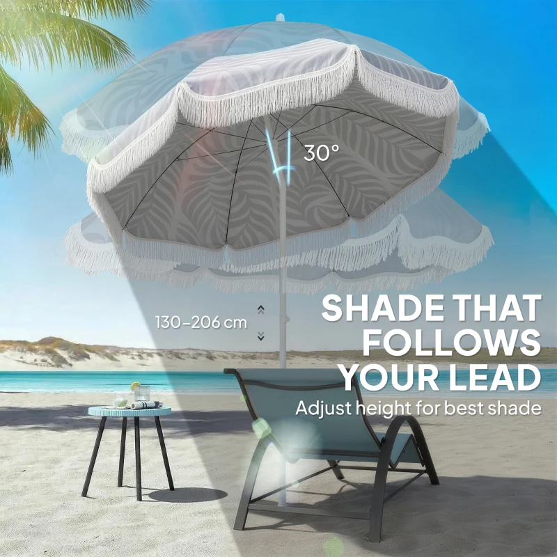 Outsunny 1.8 m Beach Umbrella Parasol with Sand Anchor, Portable Tilting Garden Parasol with Adjustable Height, Light Grey