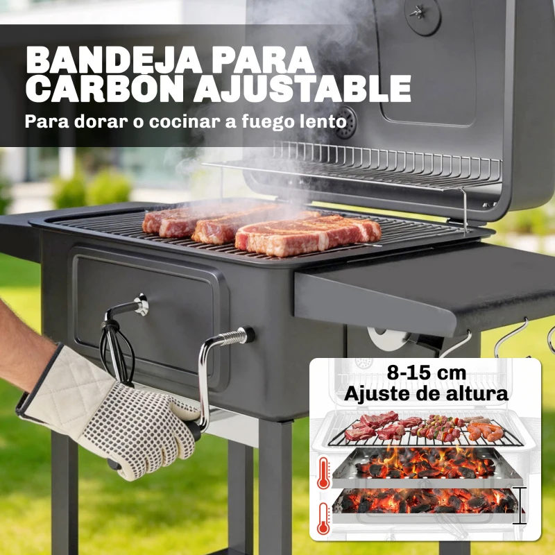 Outsunny Barbacoa de Carbón Portátil con Bandeja y Ventilación Ajustable Gran Parrilla Estantes Laterales Termómetro y Ruedas