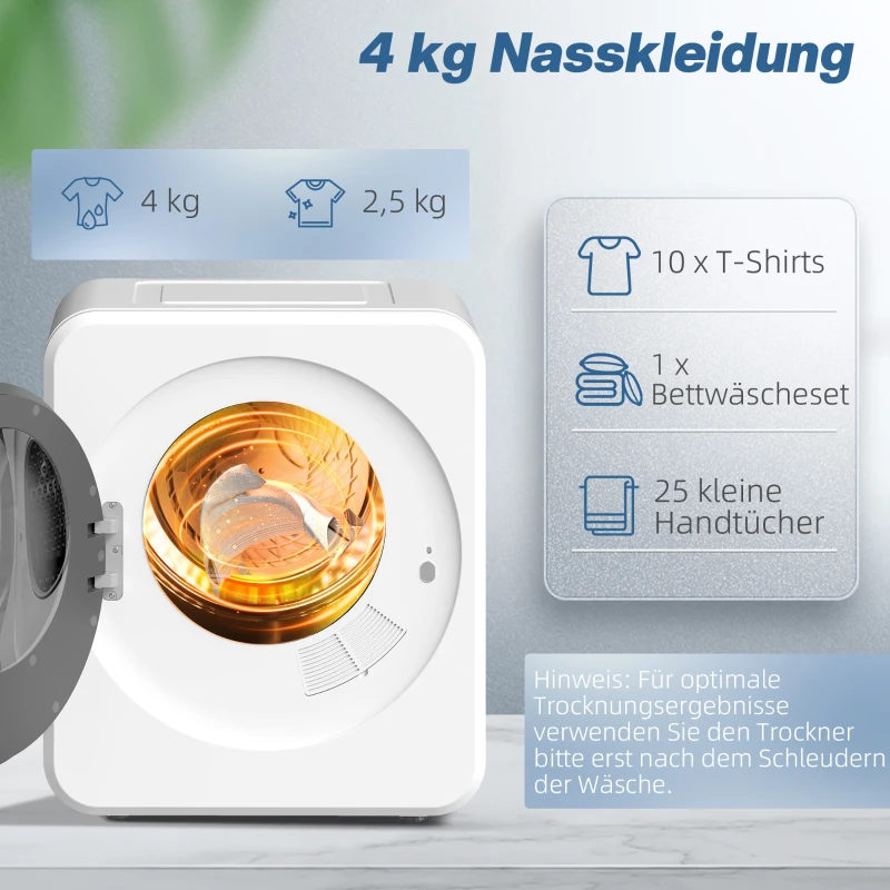 HOMCOM Ablufttrockner, 4 kg Frontlader-Wäschetrockner mit Edelstahltrommel, 800W Kompakt Freistehend, Weiß