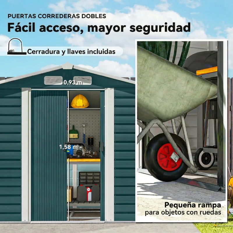 Outsunny Cobertizo Metálico para Jardín 213x120x166/194 cm con Base Refuerzo Puertas Correderas y Ventilaciones Verde Oscuro